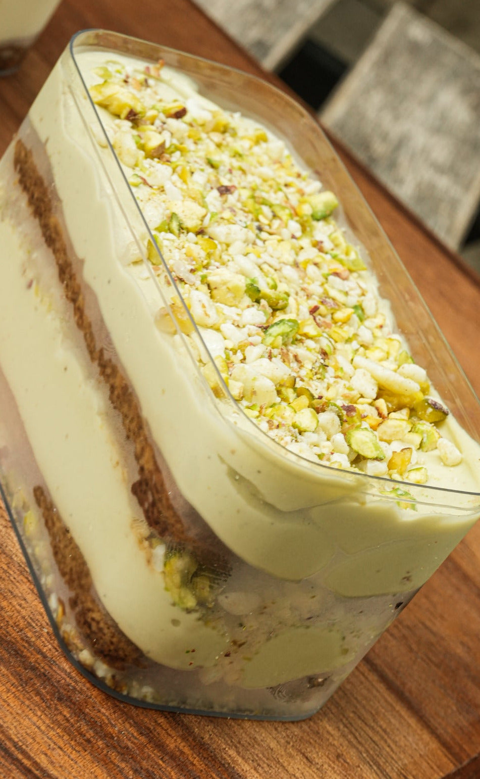 Pistachio tiramisu with amaretto soaked ladyfinger. 